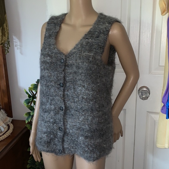 vtg Hand knitted fuzzy mohair wool button down sleeveless sweater vest M L - Picture 1 of 8